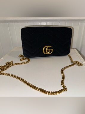 Gucci Black Velvet Marmont Crossbody with Gold GG Chain